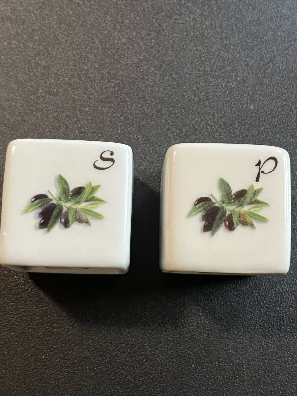 White Ceramic Salt and Pepper Shakers with Olive Motif